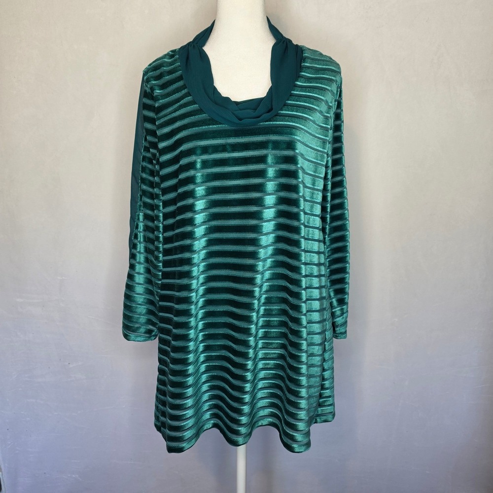 Soft Surroundings Teal Velvet Burnout Cowl Neck Tunic Top Small